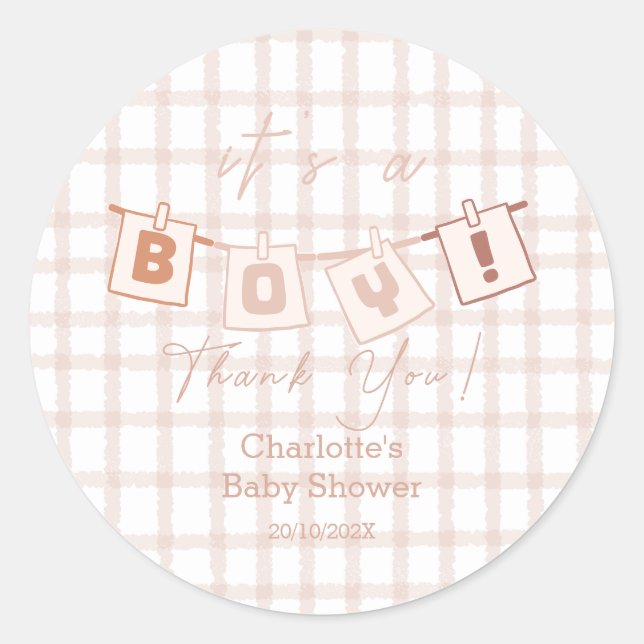 Pegatina Redonda It's a Boy! Cute Brown Gingham NoteBaby Shower (Anverso)