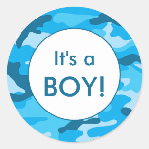 Pegatina Redonda It's a Boy! Invitación azul camo favorece a los pe