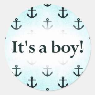 Pegatina Redonda It's a Boy! Patrón de anclaje azul bebé