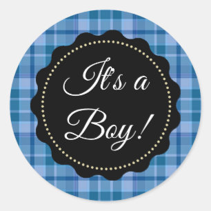 Pegatina Redonda It's a Boy! Pegatinas de Baby Shower Blue Plaid