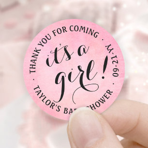 Pegatina Redonda It's a Girl! Baby Shower color de agua negro y ros