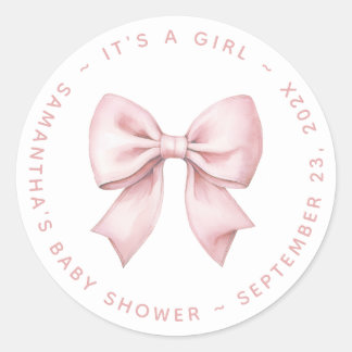 Pegatina Redonda It's a Girl Baby Shower Pink Bow