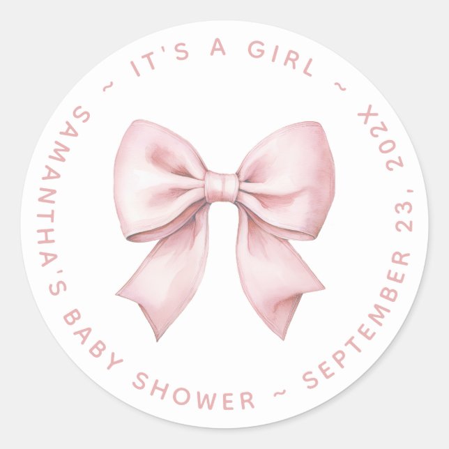Pegatina Redonda It's a Girl Baby Shower Pink Bow (Anverso)