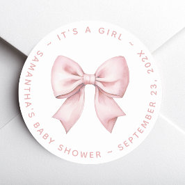 Pegatina Redonda It's a Girl Baby Shower Pink Bow