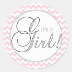 Pegatina Redonda IT'S A GIRL! Baby Shower Trendy Pink Chevron