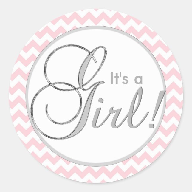 Pegatina Redonda IT'S A GIRL! Baby Shower Trendy Pink Chevron (Anverso)