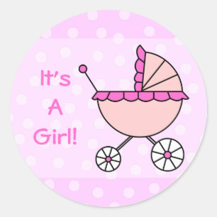 Pegatina Redonda It's a Girl! Carrito para bebés rosa