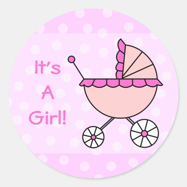 Pegatina Redonda It's a Girl! Carrito para bebés rosa (Anverso)