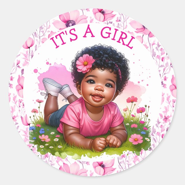 Pegatina Redonda It's a Girl | Chica Floral Baby Shower (Anverso)