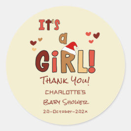 Pegatina Redonda It's a Girl! Christmas Santa Hat Baby Shower