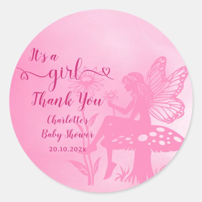 Pegatina Redonda It's a Girl! Fairy Mushroom and Flower Baby Shower (Anverso)