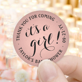 Pegatina Redonda It's a Girl! Script Baby Shower Pink and Black