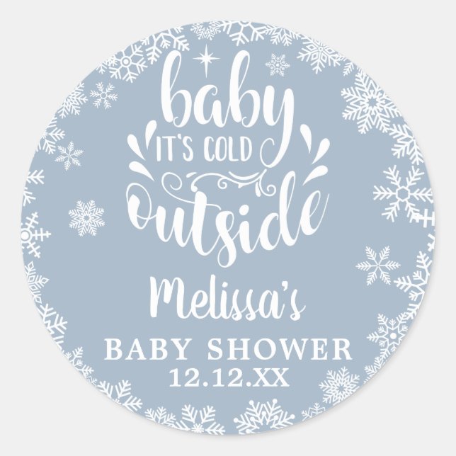 Pegatina Redonda It's Cold Outside Blue Boy Winter Baby Shower (Anverso)