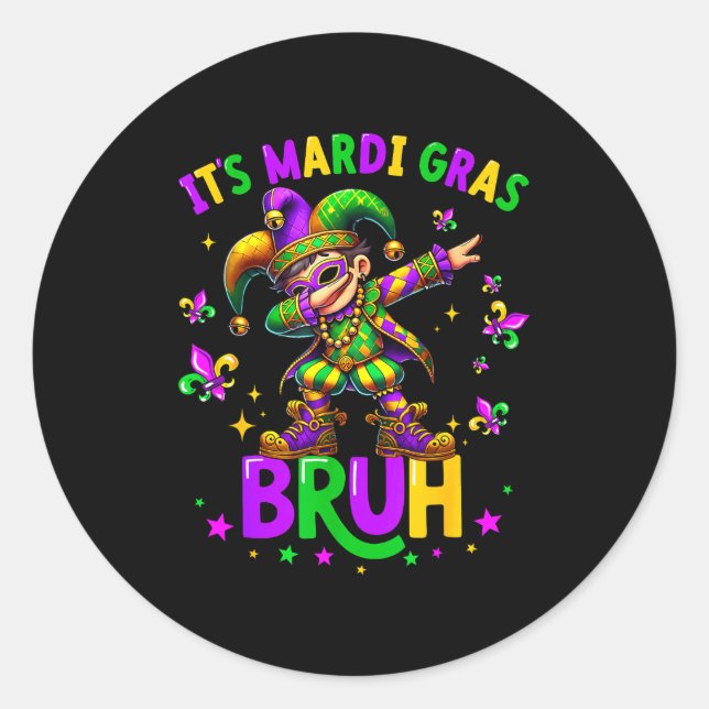 Pegatina Redonda It's Mardi Gras Bruh Dabbing Leprechaun Jester New (Anverso)
