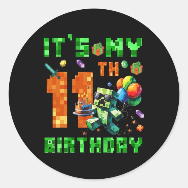 Pegatina Redonda It's My 11th Birthday Pixel Number Video Game Game (Anverso)
