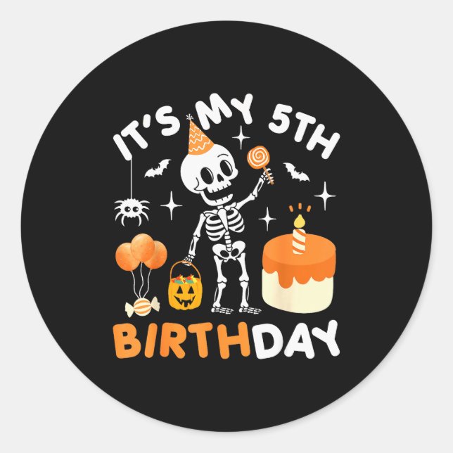 Pegatina Redonda It's My 5th Birthday-funny Halloween Skeleton 5th  (Anverso)