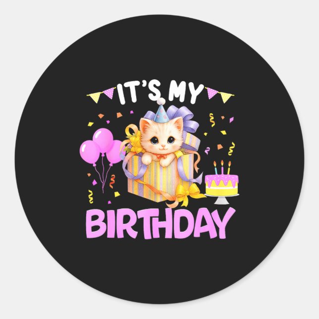Pegatina Redonda It's My Birthday Cat Lover Cute Girl Bday Family P (Anverso)