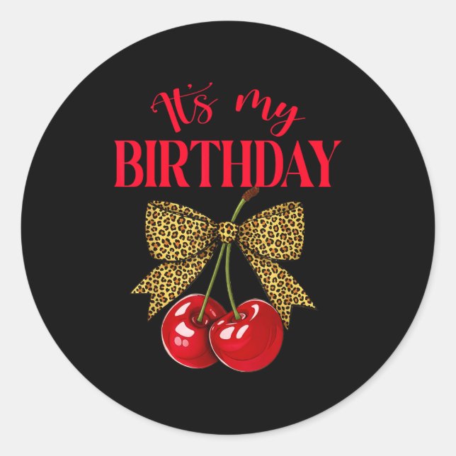 Pegatina Redonda It's My Birthday Cute Cherry Leopard Coquette Bow  (Anverso)