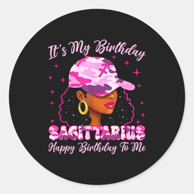 Pegatina Redonda It's My Birthday Sagittarius Black Woman Nk Camo  (Anverso)