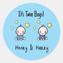 Pegatina Redonda It's Twin Boys!, Blue, Personalized Twin Babies