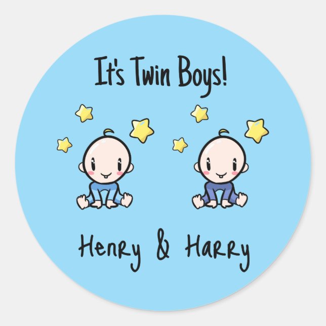 Pegatina Redonda It's Twin Boys!, Blue, Personalized Twin Babies  (Anverso)