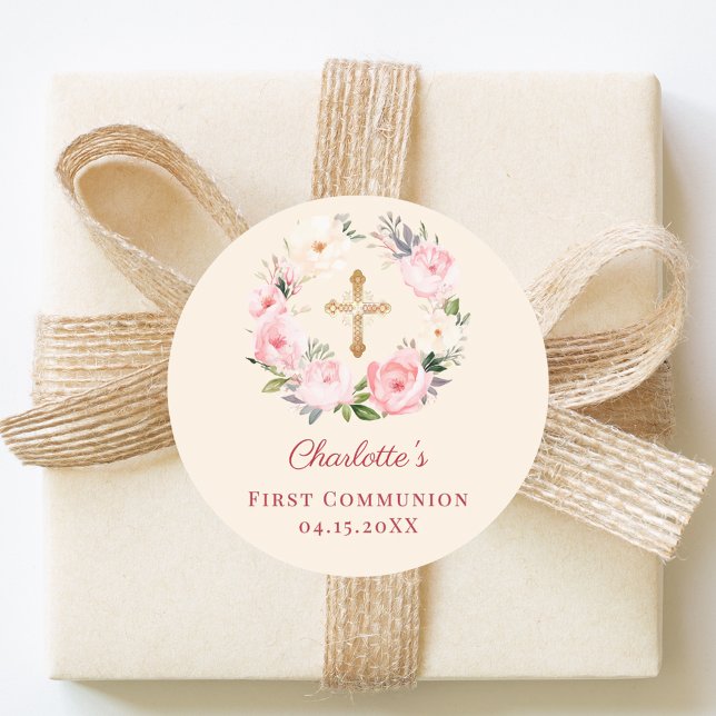 Pegatina Redonda Ivory blush pink floral wreath First Communion (Subido por el creador)