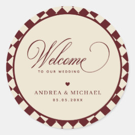 Pegatina Redonda Ivory & Burgundy Checkered Retro Wedding Welcome