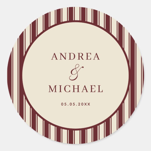Pegatina Redonda Ivory & Burgundy Stripes Retro Custom Wedding (Anverso)