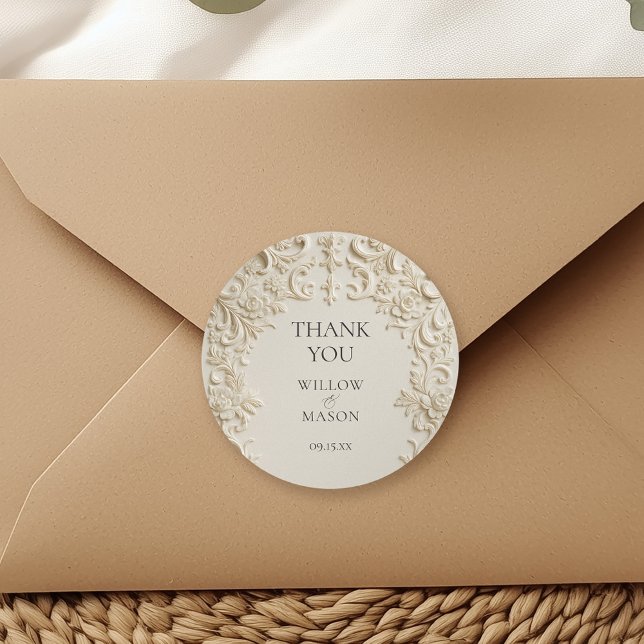 Pegatina Redonda Ivory Elegant Embossed Thank You Wedding (Ivory Elegant Embossed Thank You Wedding Classic Round Sticker)