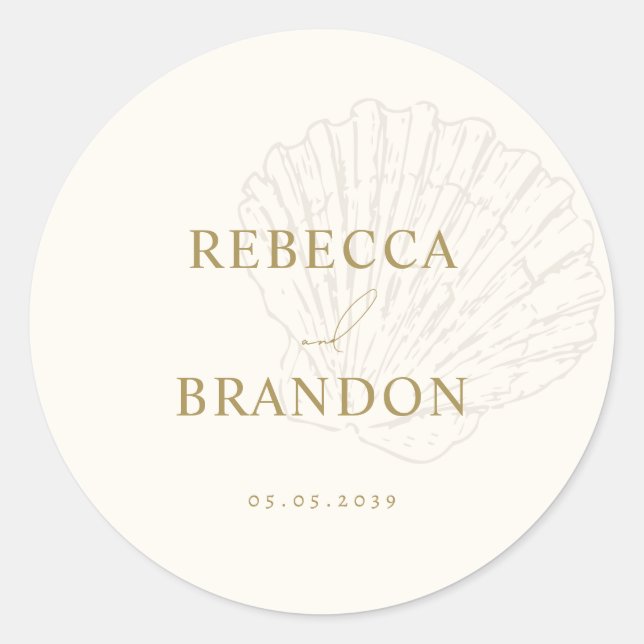 Pegatina Redonda Ivory & Gold Hand Drawn Seashell Wedding Favor (Anverso)