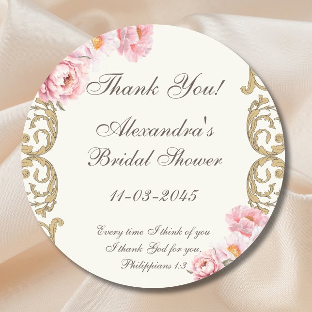 Pegatina Redonda Ivory Peony Christian Bridal Shower Thank You (Subido por el creador)
