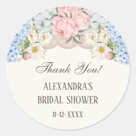 Pegatina Redonda Ivory Peony Hydrangea Bridal Shower Thank You