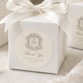 Pegatina Redonda Ivory Taupe Monograma Cresta de Boda Agradecimient