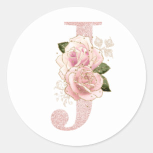 Pegatina Redonda J de monograma floral con brillo dorado rosa pálid
