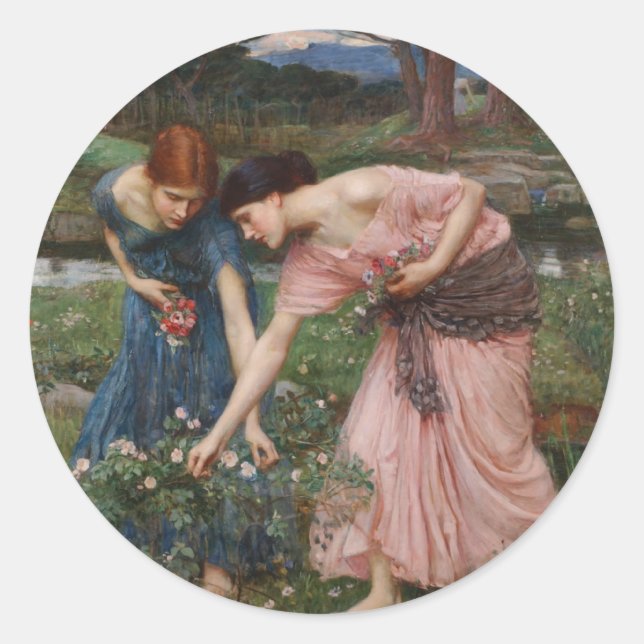 Pegatina Redonda J.W. Waterhouse Gather Ye Rosebuds (Anverso)