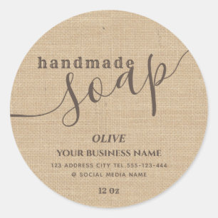 Pegatina Redonda Jabón artesanal de arpillera con letra moderna min