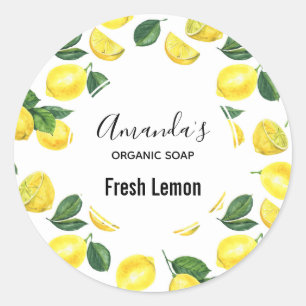 Pegatina Redonda Jabón de patrón de fruta color agua amarillo Lemon