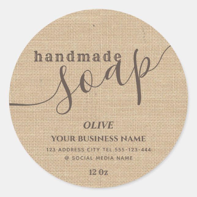 Pegatina Redonda Jabón hecho a mano con escritura moderna minimalis (Anverso)