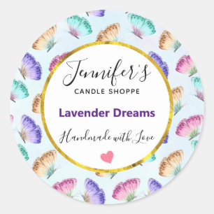 Pegatina Redonda Jabón/Vela de patrón de mariposa de color de agua 