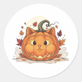 Pegatina Redonda Jack-O’-Brit - Gato de calabaza de pelo corto brit