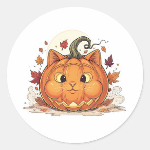 Pegatina Redonda Jack-O’-Brit - Gato de calabaza de pelo corto brit