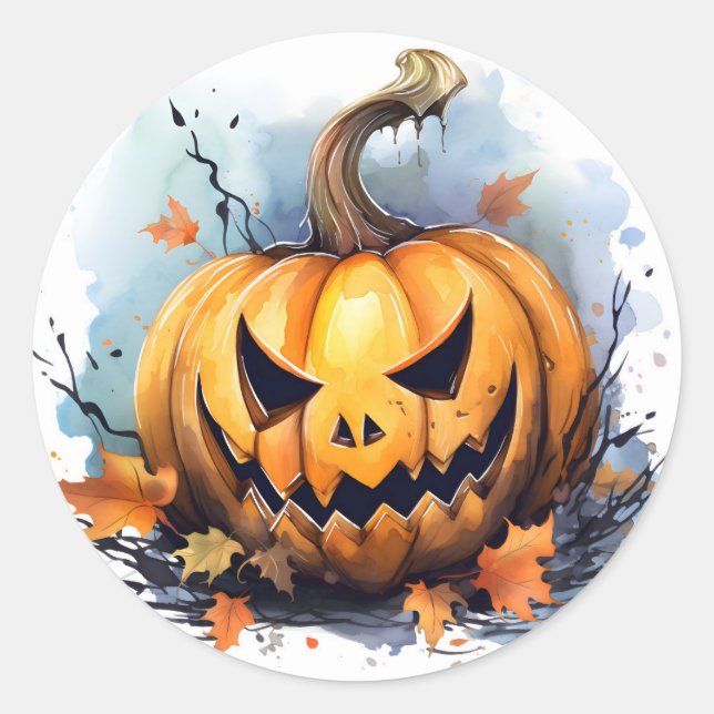Pegatina Redonda Jack-o-lantern acuarela (Anverso)