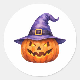 Pegatina Redonda Jack-O-Lantern acuarela en sombrero de bruja morad
