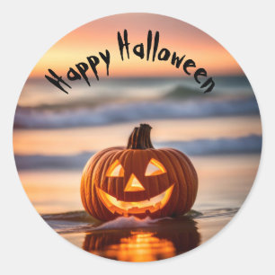 Pegatina Redonda Jack-o-Lantern de Halloween en Ocean Beach
