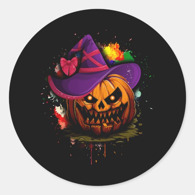 Pegatina Redonda Jack O Lantern Face Pumpkin Scary Witch Halloween (Anverso)