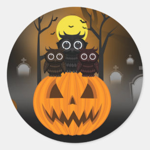 Pegatina Redonda Jack O lantern y Owls