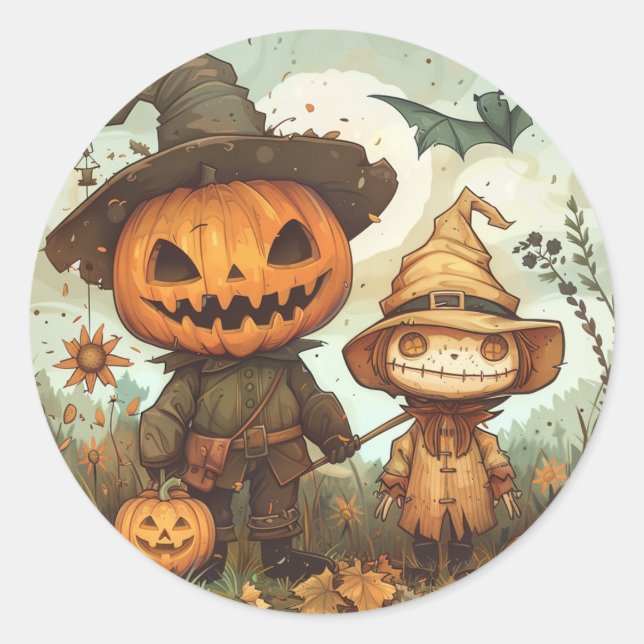 Pegatina Redonda Jack O Lantern y Scarecrow (Anverso)
