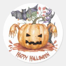 Pegatina Redonda Jack o lantern y un murciélago de acuarela, Hallow