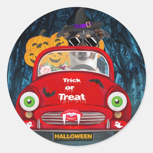 Pegatina Redonda Jack Russell Dog Drive Car Sasuy Halloween (Anverso)