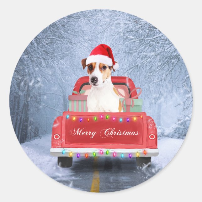 Pegatina Redonda Jack Russell Dog en Nieve sentado en Navidades (Anverso)